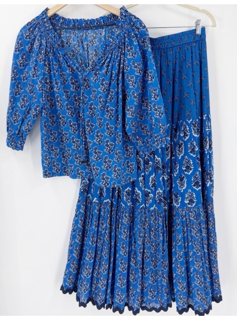 Ro's Garden Cotton Maxi Skirt & Blouse Set M Inida Garden Floral Tiered Peasant